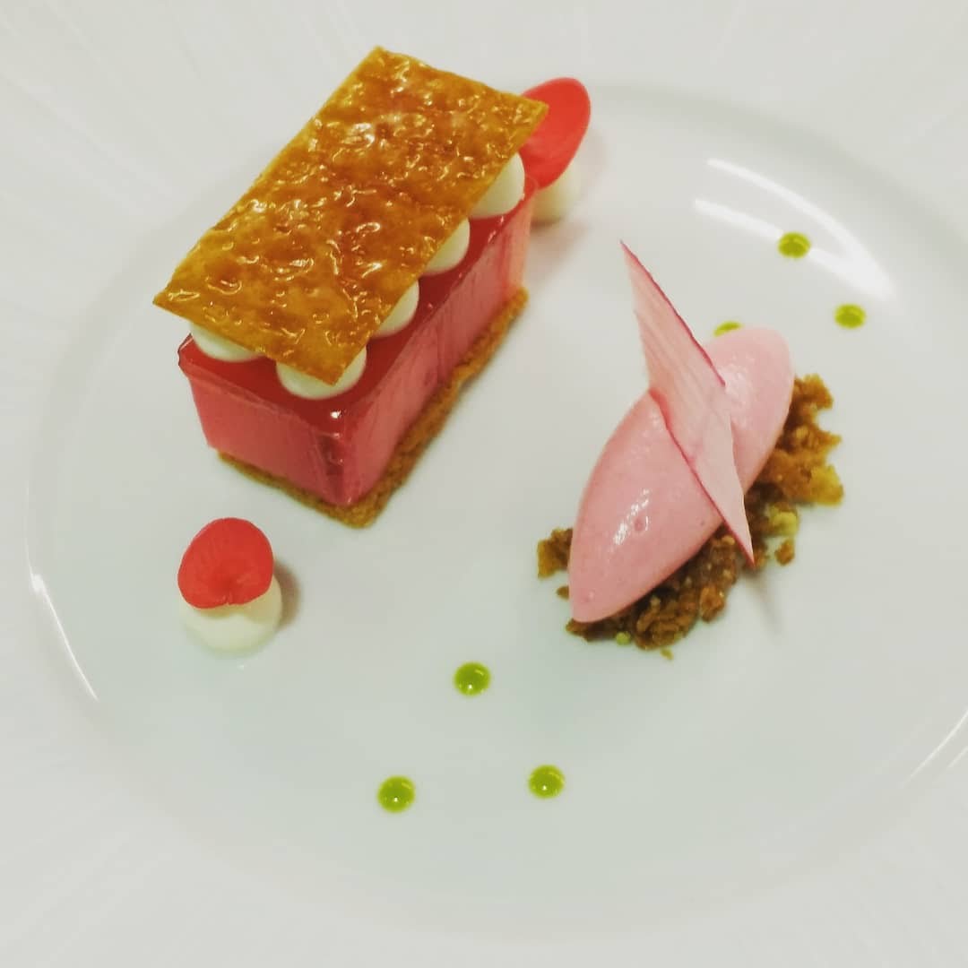 Rhubarb slice with caramel tuile, sorbet and crumb