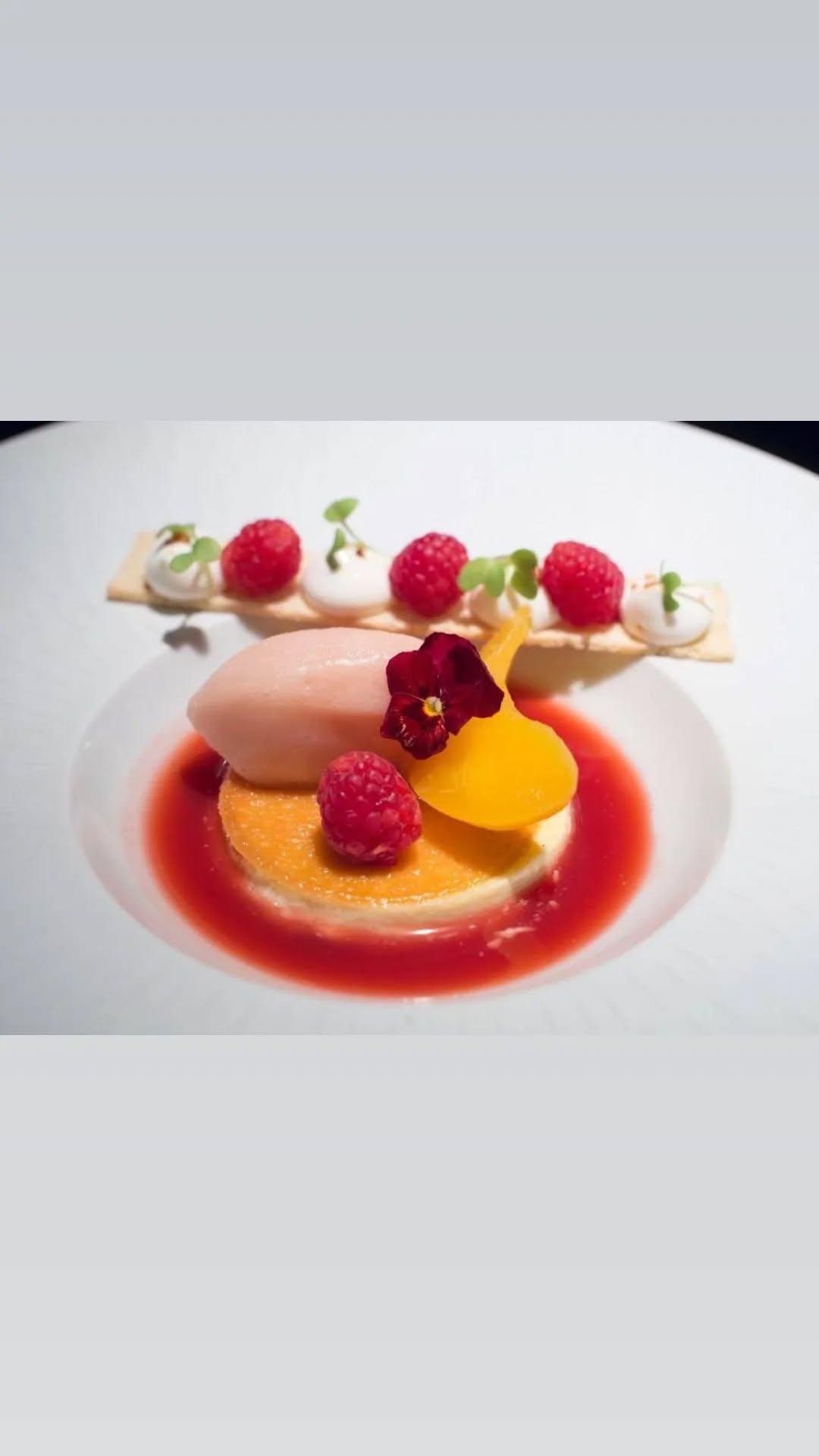Custard and sorbet dessert in raspberry coulis with a rectangular crisp on the bowl rim
