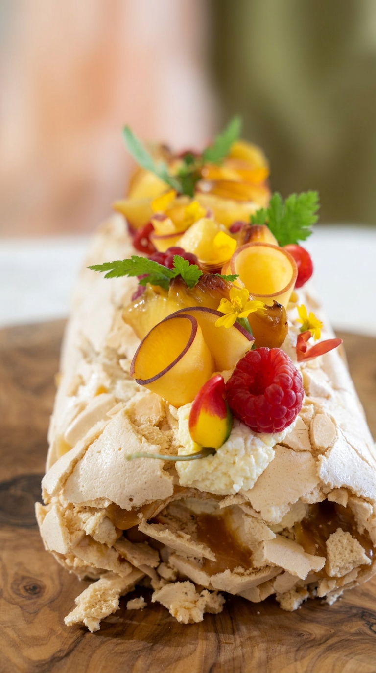 Meringue roulade topped with stone fruit and raspberries on an olive board