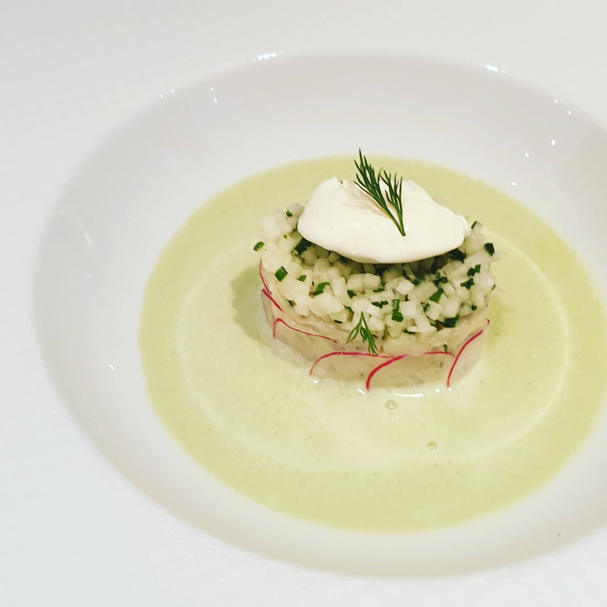Ring-moulded herb tartare with crème fraîche and dill in a chilled green velouté